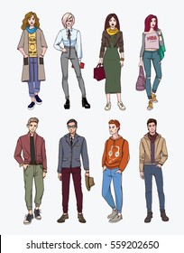 Set of hand drawn stylish young people at street. Collection fashion, trendy youth. Colorful illustration.