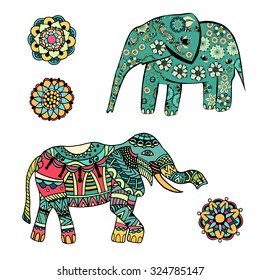 Set of Hand drawn stylized elephant with decorative tribal ethnic ornament. Graphics for t-shirt, poster, isolated element for invitation or card design, tattoo style, colorful vector illustration
