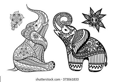 Set of Hand drawn stylized elephants with decorative tribal ethnic ornament in zentangle style. Vector animal patterned illustration isolated on white background for coloring book.