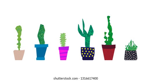 Set of hand drawn stylized houseplants in colorful pots. Vector illustration. 