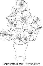Set of hand drawn stylized outline geranium flower with vase isolated on white background. Highly detailed vector illustration, botanic leaf branch or buds engraved ink art coloring page for adult