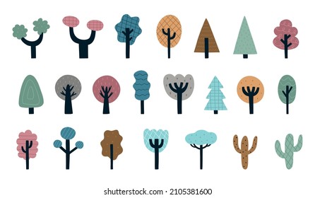 A set of hand drawn stylized trees. Colored graphic trees. Vector illustration in a flat style