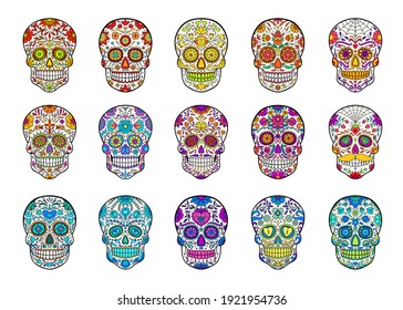 Calaveras de azúcar dibujadas a mano. Colección de cráneos mexicanos para el Día de los Muertos en México