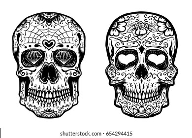 Set of hand drawn sugar skulls on white background. Vector illustration