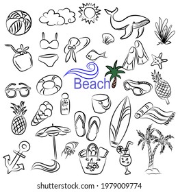 Set of hand drawn Summer beach doodles. Vector illustration on white background.