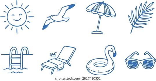Set of hand drawn summer beach and pool vacation doodle icons featuring sun seagull umbrella palm leaf and accessories Vector