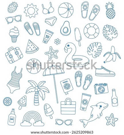 Set of hand drawn summer beach doodle with sea. Travel icons. Vector illustration.
