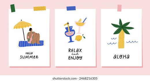Set of hand drawn summer cards or posters. Vector illustration