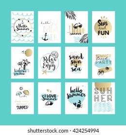 Set of hand drawn summer cards and banners. Vector illustrations for graphic and web design, for summer vacation, beach party, greeting cards, enjoying the sun and sea