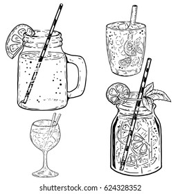 Set of hand drawn summer cocktails on white background. Design elements for poster, sign, menu. Vector illustration.