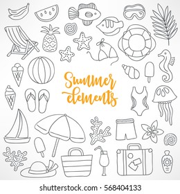 Set of hand drawn summer design elements - banana, watermelon, fish, diving mask, ice cream, thongs, starfish, lifebuoy, swimsuit, seahorse, shell, bikini, jellyfish, bag. Perfect for coloring books