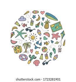 conjunto de doodles de verano dibujados a mano aislados en fondo blanco. Mar, viajes, tema de vacaciones. Cartel, impresión, diseño de tarjeta. EPS 10