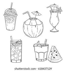 Set of hand drawn summer drinks. Iced coffee, coconut, lime water, cocktail and watermelon juice