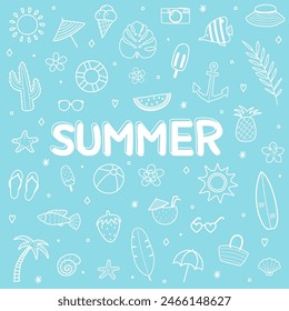 Set with hand drawn summer elements. Design with icons. Vector illustration