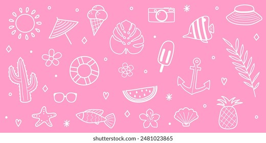 Set with hand drawn summer elements. Design with icons. Vector illustration