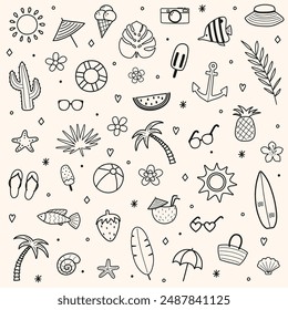 Set with hand drawn summer elements. Design with icons. Vector illustration