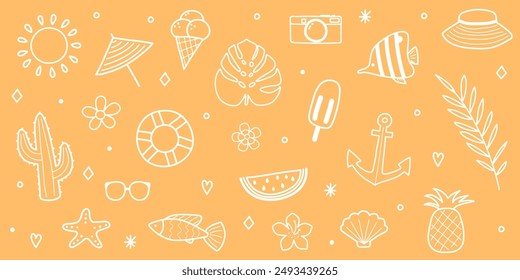Set with hand drawn summer elements. Design with icons. Vector illustration