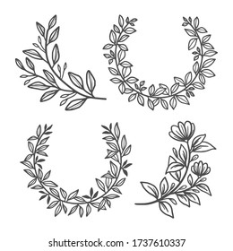 Set of hand drawn summer flower wreaths and floral frames isolated on white background for greeting card or wedding invitation