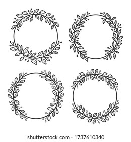 Set of hand drawn summer flower wreaths and floral frames isolated on white background for greeting card or wedding invitation