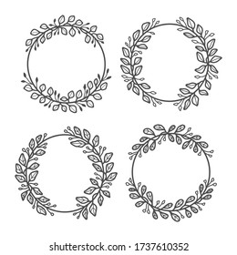 Conjunto de coronas de flores de verano dibujadas a mano y marcos florales aislados en fondo blanco para tarjeta de saludo o invitación a la boda