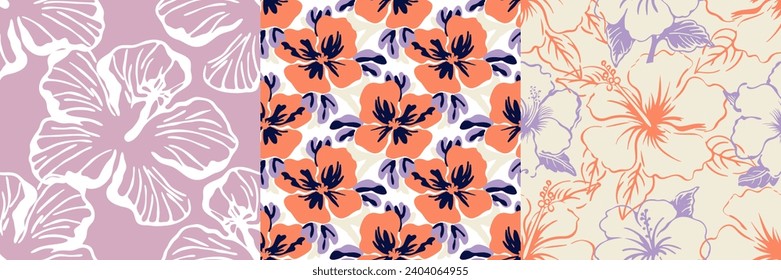 Montaje de flor de verano dibujado a mano sin fisuras. Ilustración de fondo de hibiscos florales, impresión de tela de moda con flores hawaianas tropicales. Conjunto de textura de la naturaleza de primavera vintage.