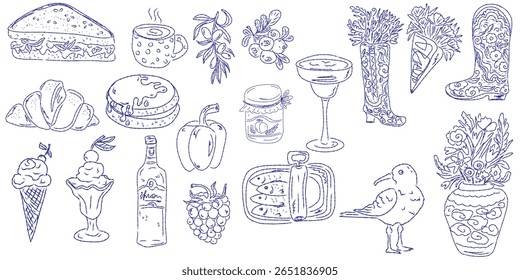 Set of hand drawn summer food icons. Mediterranean la dolce vita. Sketchy whimsical style