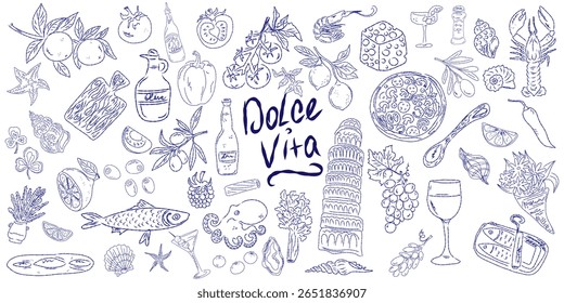 Set of hand drawn summer food icons. Mediterranean la dolce vita. Sketchy whimsical style
