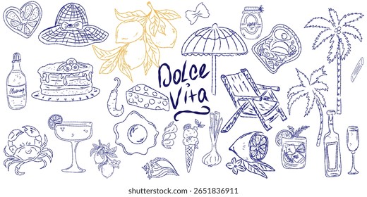 Set of hand drawn summer food icons. Mediterranean la dolce vita. Sketchy whimsical style