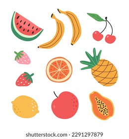 Set hand drawn summer fruits. Natural tropical fruits and berry. Pineapple, watermelon, banana, strawberry, apple, cherry, papaya. Sweet, organic, vegan food illustration.