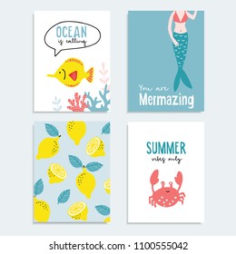 Set handgezeichneter Sommergruss- oder Journalkarten. Tropisches Design mit Zitronenfrucht, Fisch, Korallenriff, Krabbe und Meerjungfrauenschwanz. Sommerurlaub, Meereskonzept. Vektorgrafiken.