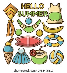 Set of hand drawn summer group cartoon doodle with summer greeting banner