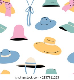 Set of hand drawn summer hats. Sun protection and classic beach accessory.