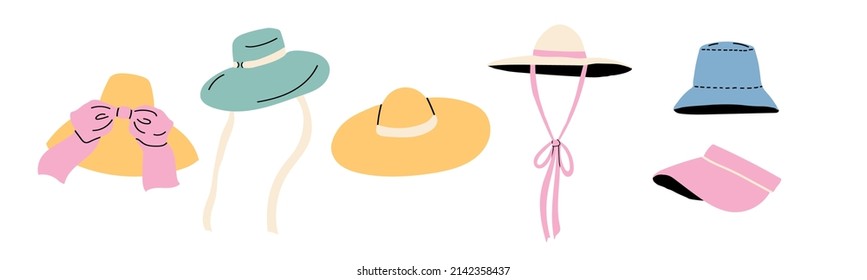 Set of hand drawn summer hats. Sun protection and classic beach accessory.