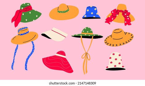 Set of hand drawn summer hats. Sun protection and classic beach accessory.