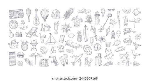 Set of hand drawn summer holiday and tropical beach vacation objects, things and items. Vector illustration.