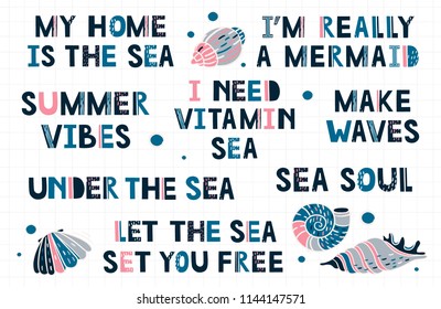 Set of hand drawn summer holidays and vacation quotes, phrases and words