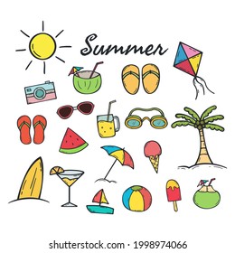 Set Hand drawn Summer icon Design Template. vector sketch doodle illustration isolated on white background. Summer vacation and leisure symbol.