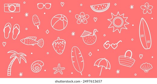 Set with hand drawn summer icons. Holiday elements concept. Vector illustration