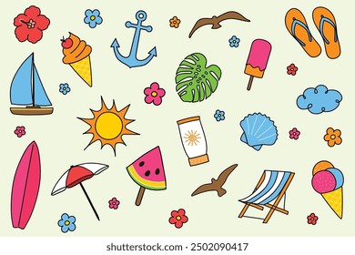 Set with a hand drawn summer icons. Vector illustration