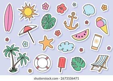 Conjunto con iconos de verano dibujados a mano. Diseño de una pegatina. Ilustración vectorial