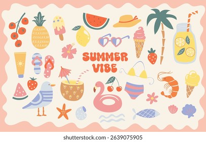 Set of hand drawn summer icons,funny doodle holiday beach elements-watermelon,lemon,ice cream,palm,drinks, cocktail. Isolated elements for scrapbooking summer vibe. Perfect for templates,web.Vector