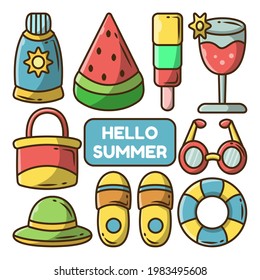 Juego de artículos de verano dibujados a mano paquete de dibujos animados de doodles