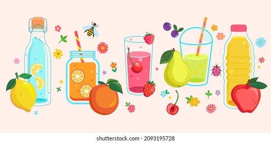 Set hand drawn summer juices. Healthy cocktails with slice of fruits and berries for hot season. Template design for diet menu, cafe. Fresh smoothies with lemon,orange,cherry,strawberry,pear, apple.