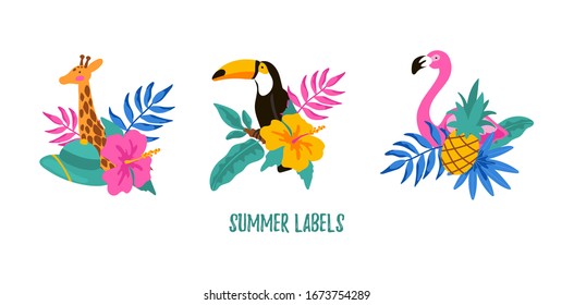 Set of hand drawn summer labels with giraffe, flamingo, toucan, tropical leaves, flowers and pineapple. Vector illustration.