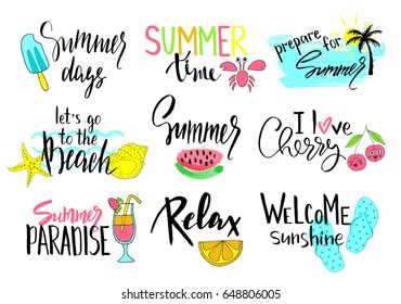 Set of hand drawn summer labels, logos,cards, background and elements set for summer holiday, beach vacation. Vector illustration