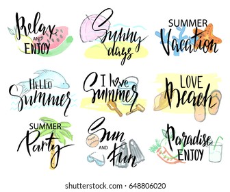 Set of hand drawn summer labels, logos,cards, background and elements set for summer holiday, beach vacation. Vector illustration
