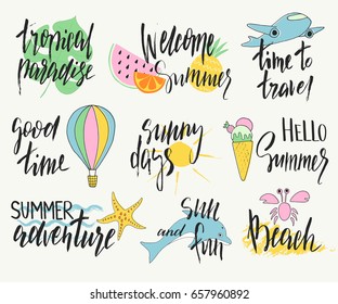 Set of hand drawn summer labels, logos, and elements set for summer holiday, beach vacation. Vector illustration