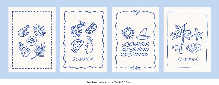 Set of hand drawn summer poster with wavy frames. Modern prints with doodle palm tree, sun, boat, fruits, seashells. Vacation and beach concept. Tropical icons. Vector illustration.