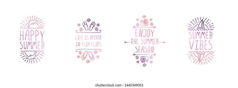 Set of hand drawn summer slogans with graphic elements isolated on white background. Happy summer. Life is better in flip flops. Enjoy the Summer Season. Summer vibes