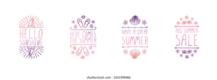 Set of hand drawn summer slogans with graphic elements isolated on white background. Hello sunshine. Here comes the summer. Have a great summer. Big summer sale